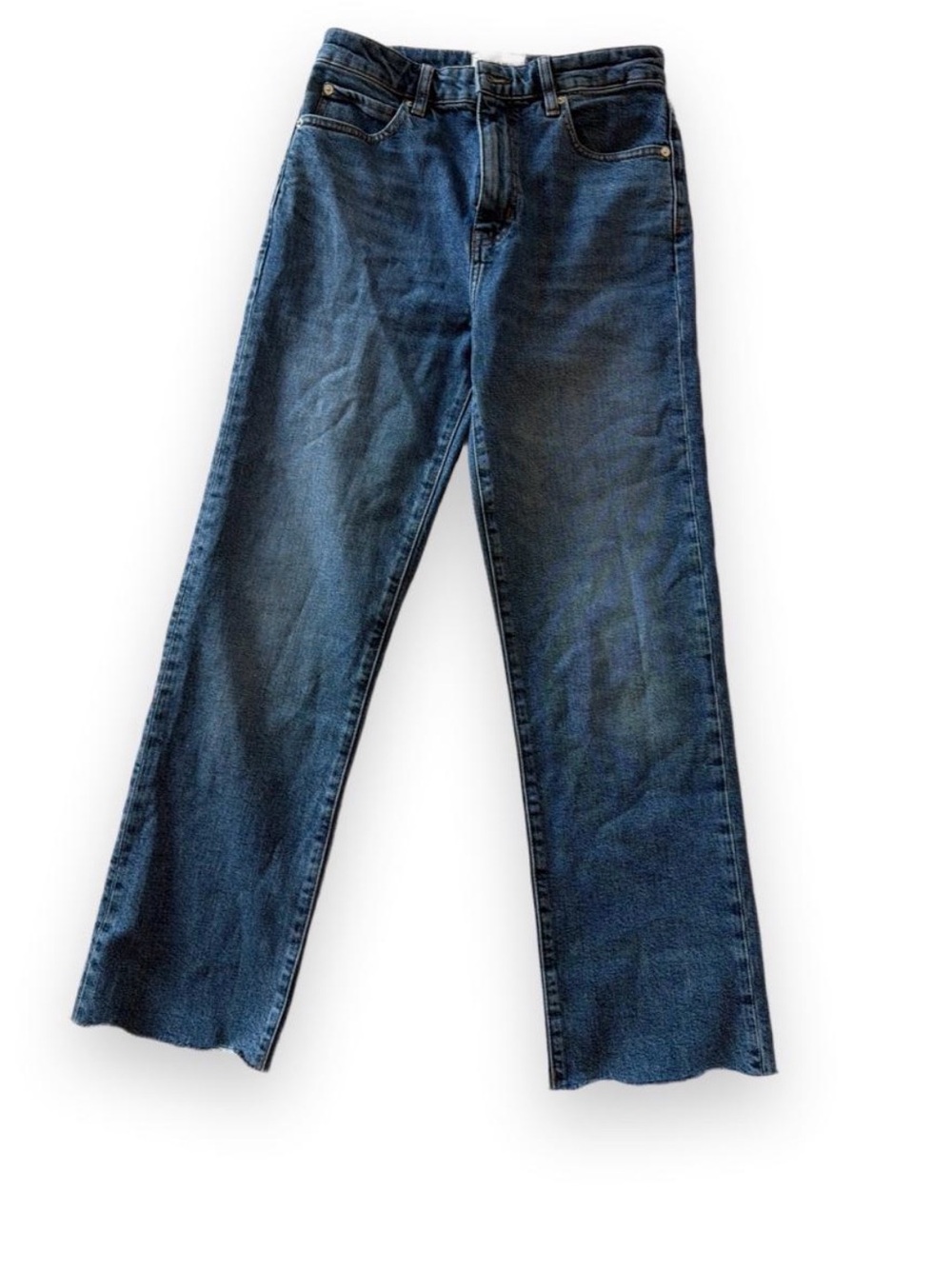 Frame blue high-waisted straight leg jeans with raw hem. “the ruler crop”